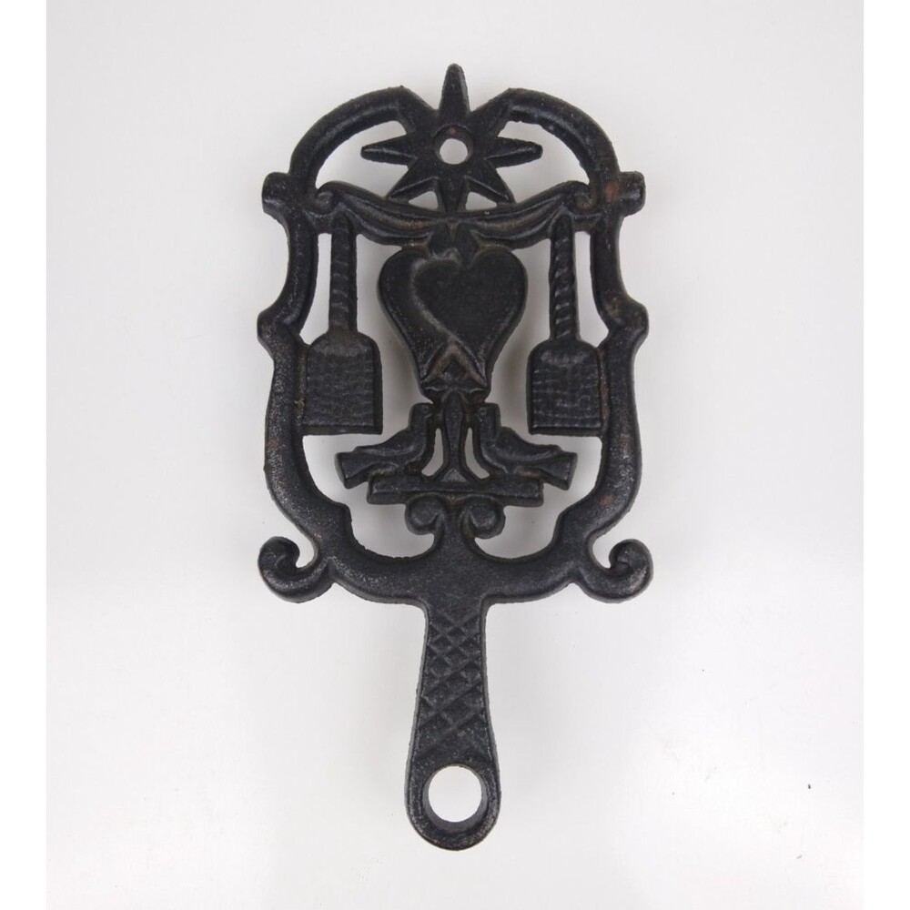 VTG 1952 J.Z.H. Cast Iron Footed Trivet Doves Hearts Brooms 9" Marked 299